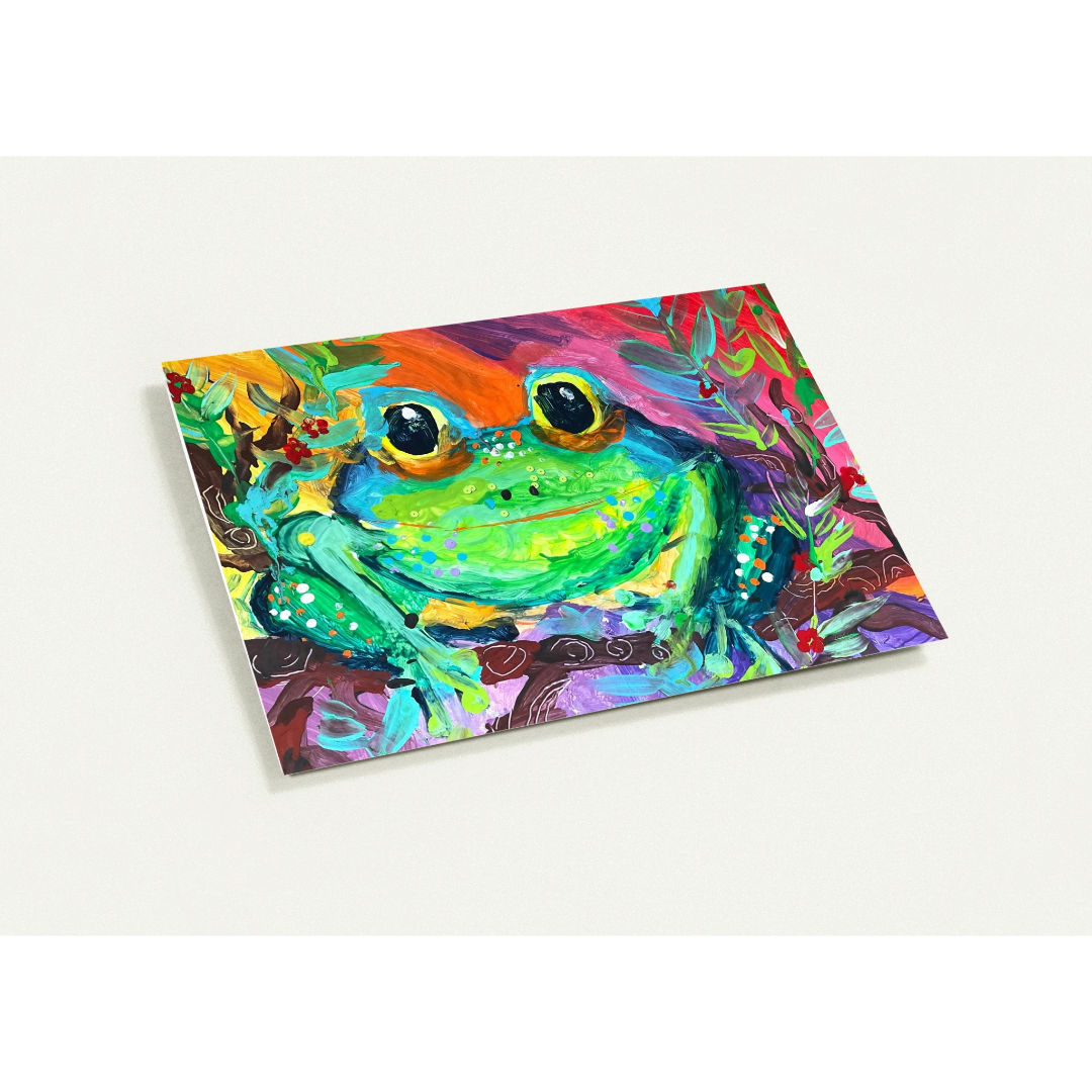 Colorful painting of a frog on a white background