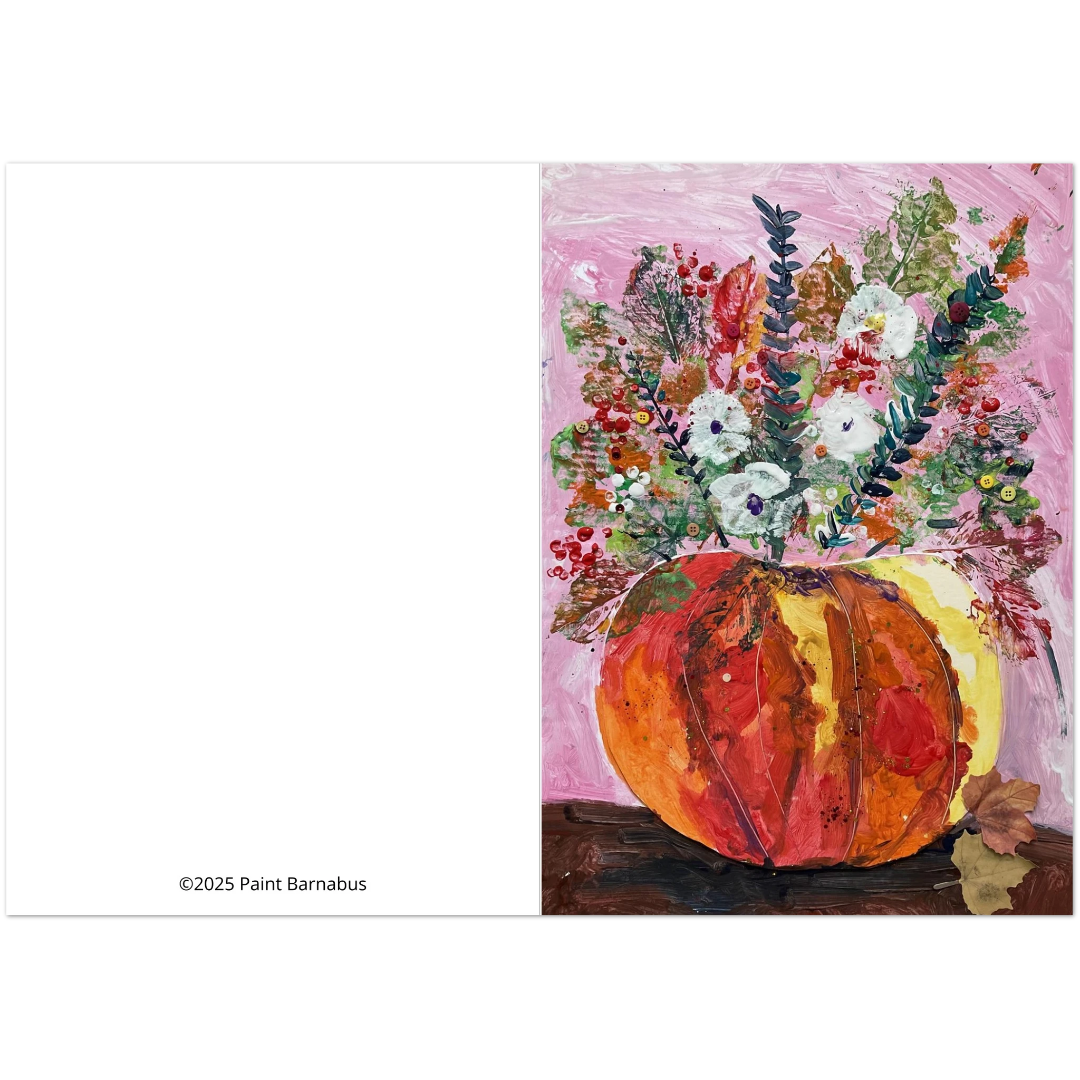 Painting of a pumpkin with flowers on a pink background, signed '2025 Paint Barnabas'.