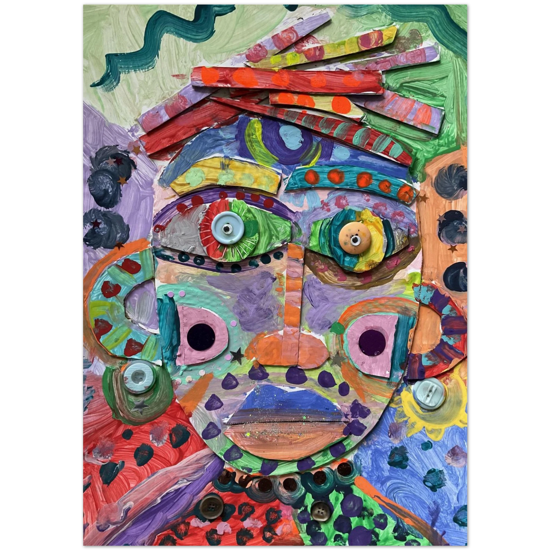 Colorful abstract art piece with a face made of various shapes and patterns.