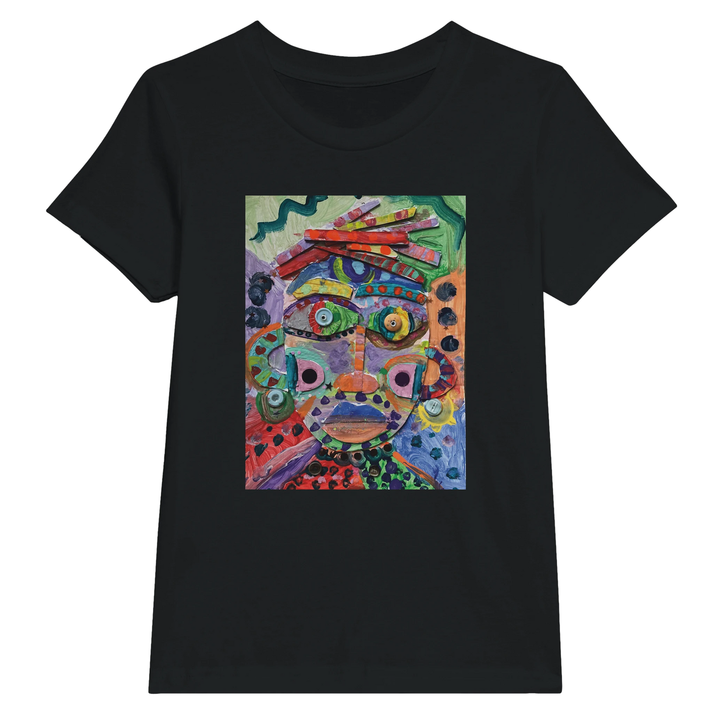 A black t-shirt with a colourful printed design on the front.