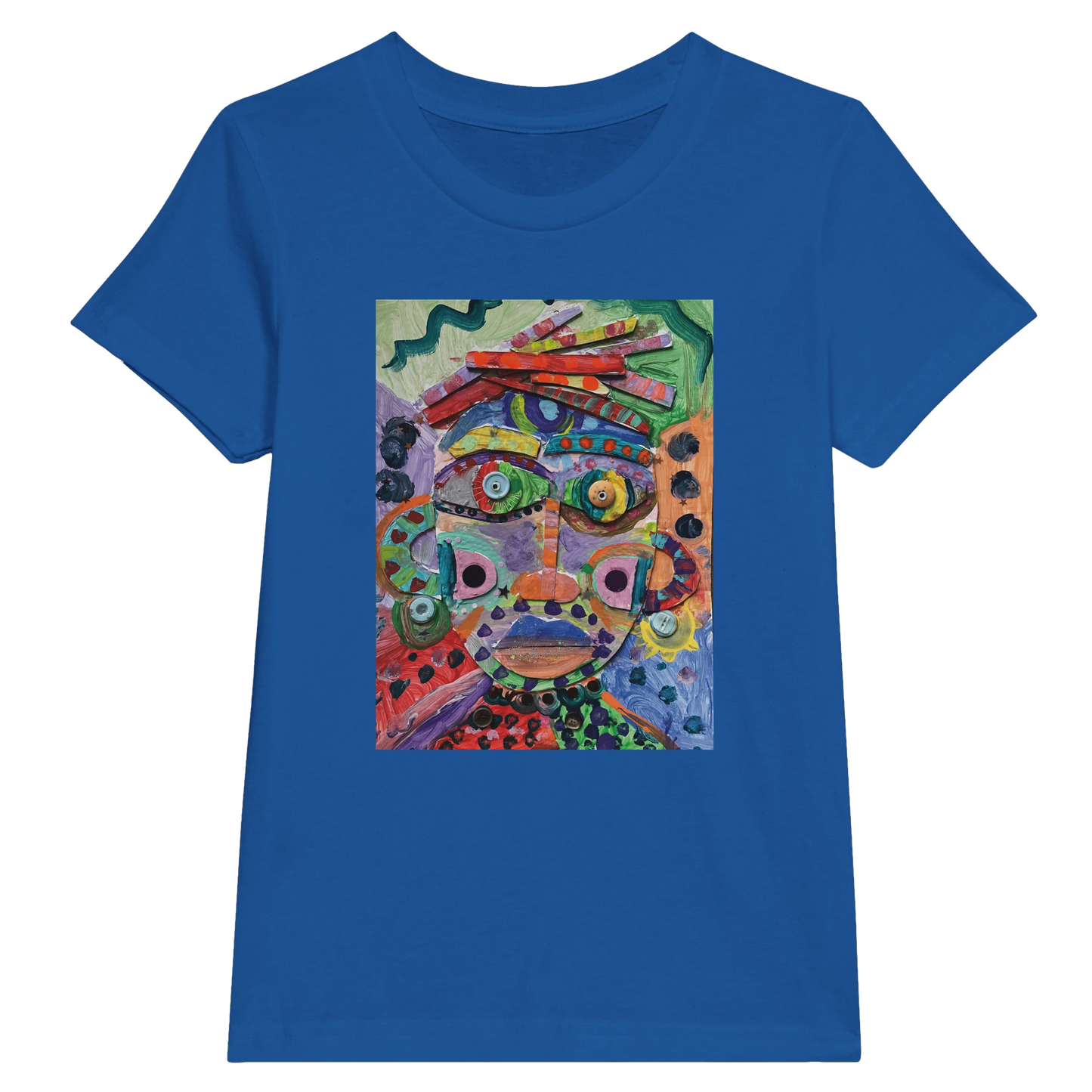 A blue t-shirt with a colourful printed design on the front.