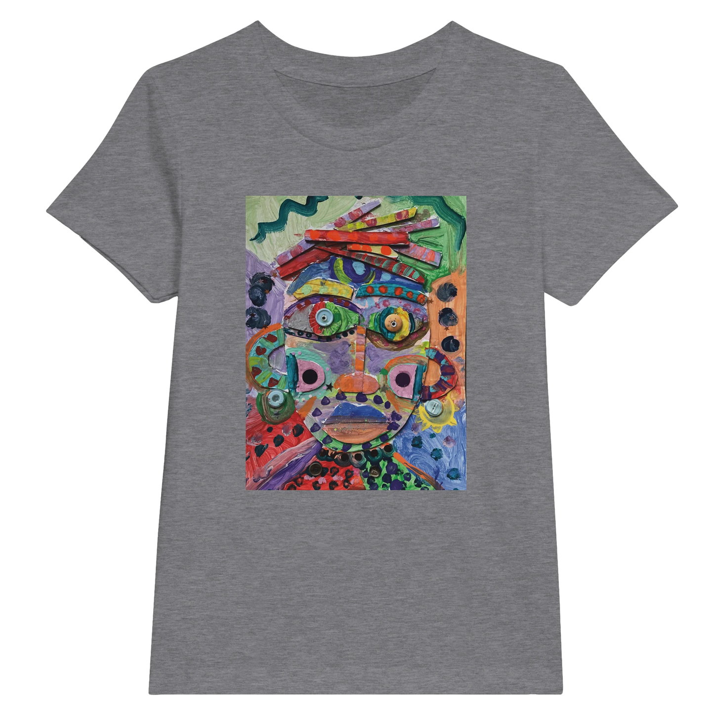 A grey t-shirt with a colourful printed design on the front.
