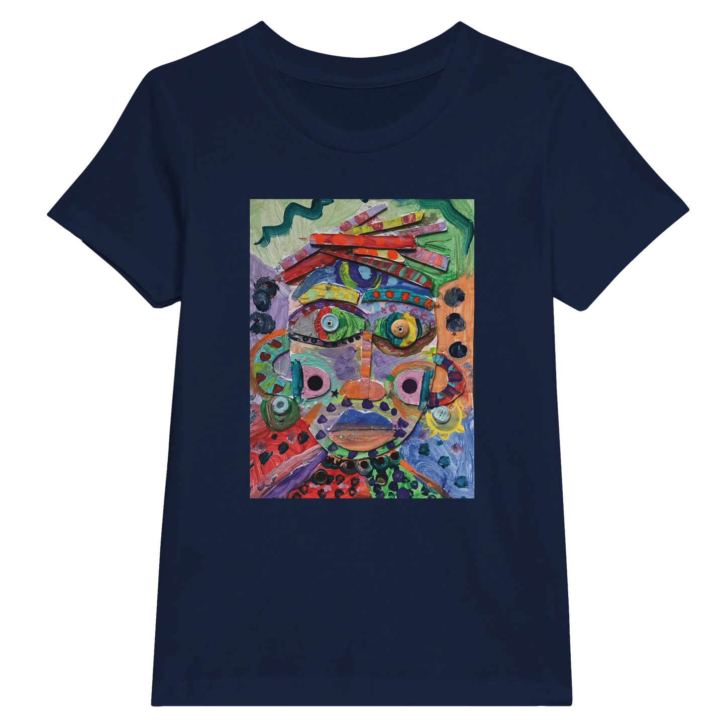 A black t-shirt with a colourful printed design on the front.