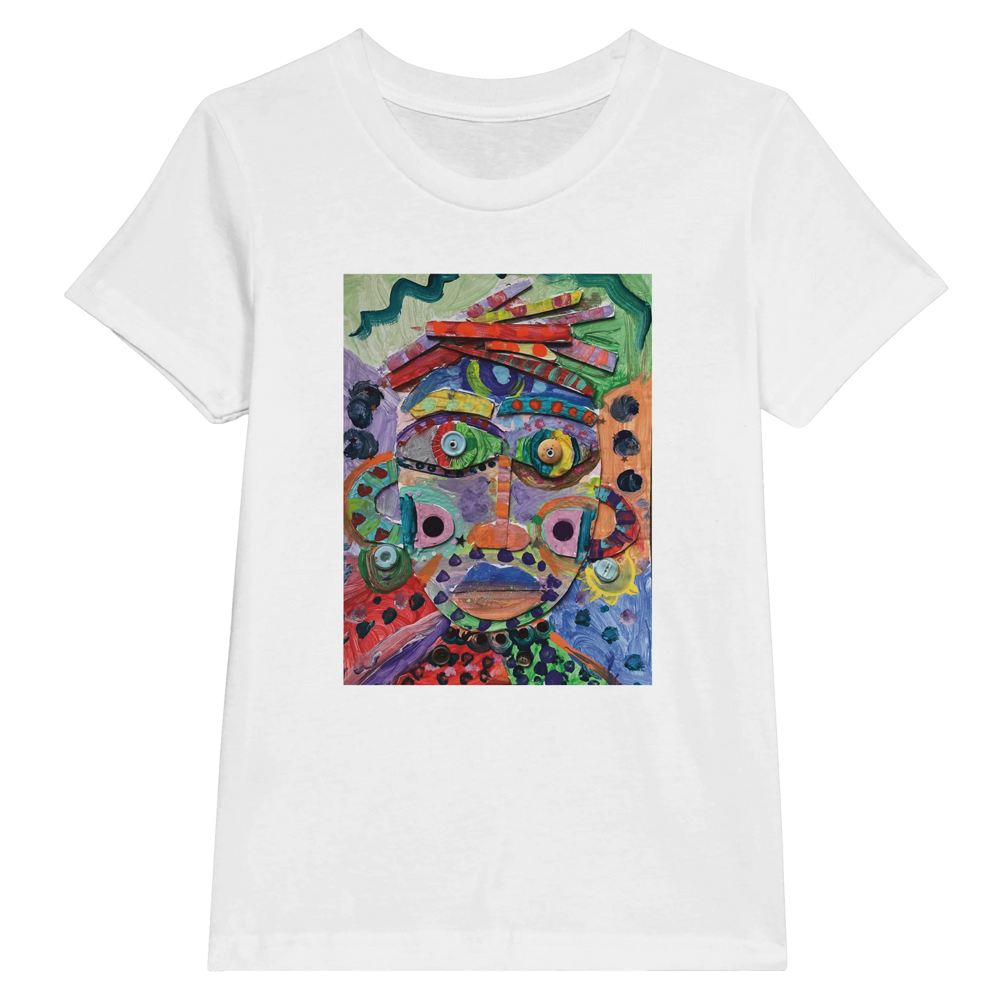 A white t-shirt with a colourful printed design on the front.