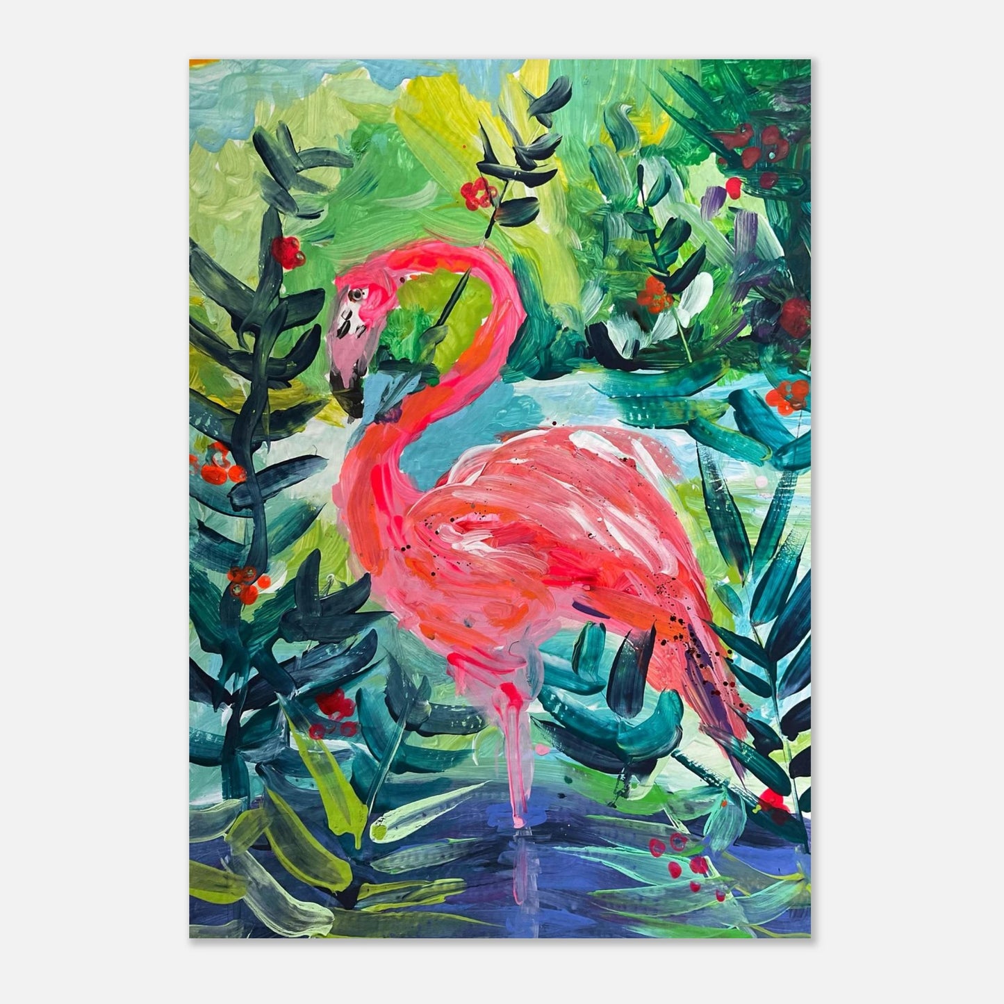 A colourful print of a flamingo painting