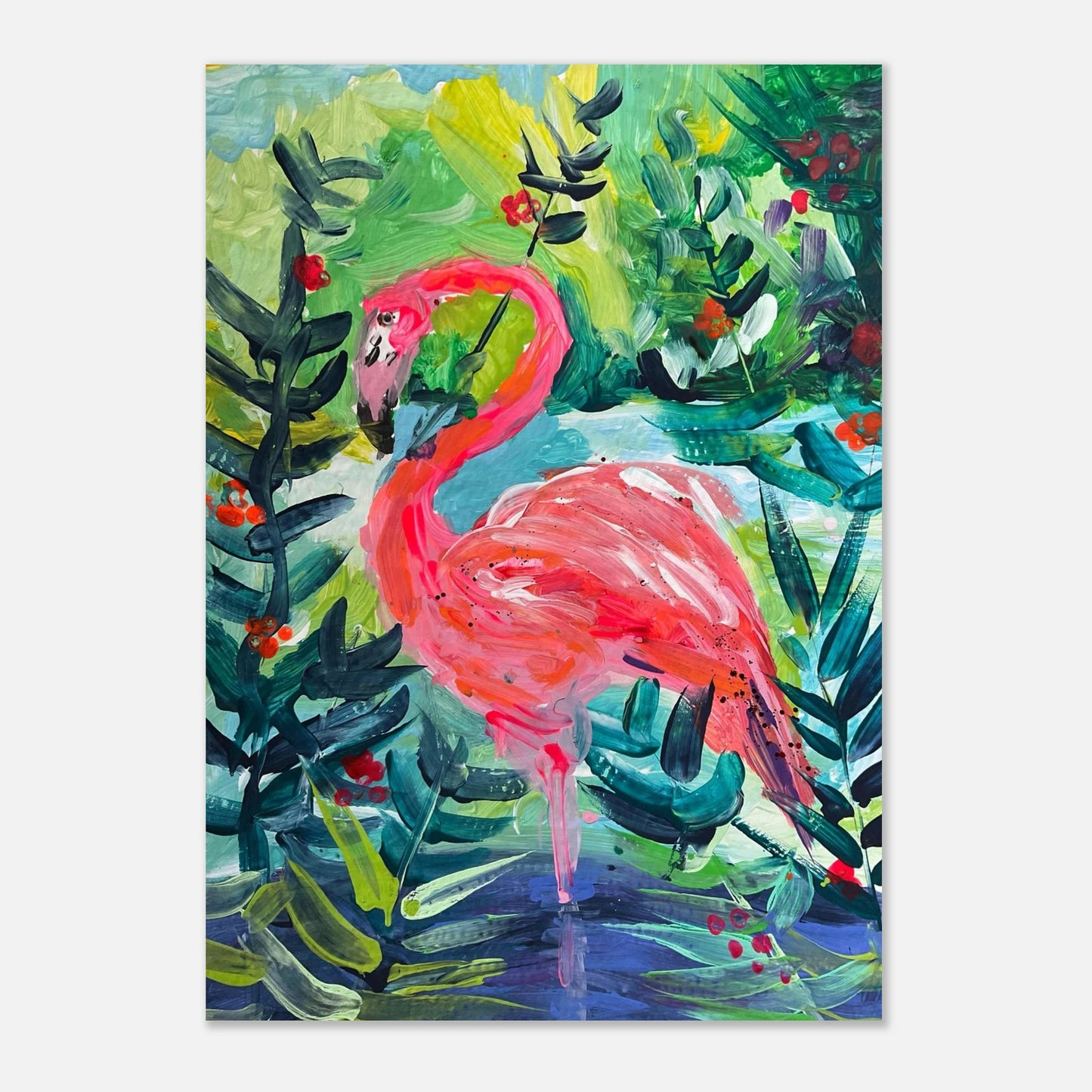 A colourful print of a flamingo painting