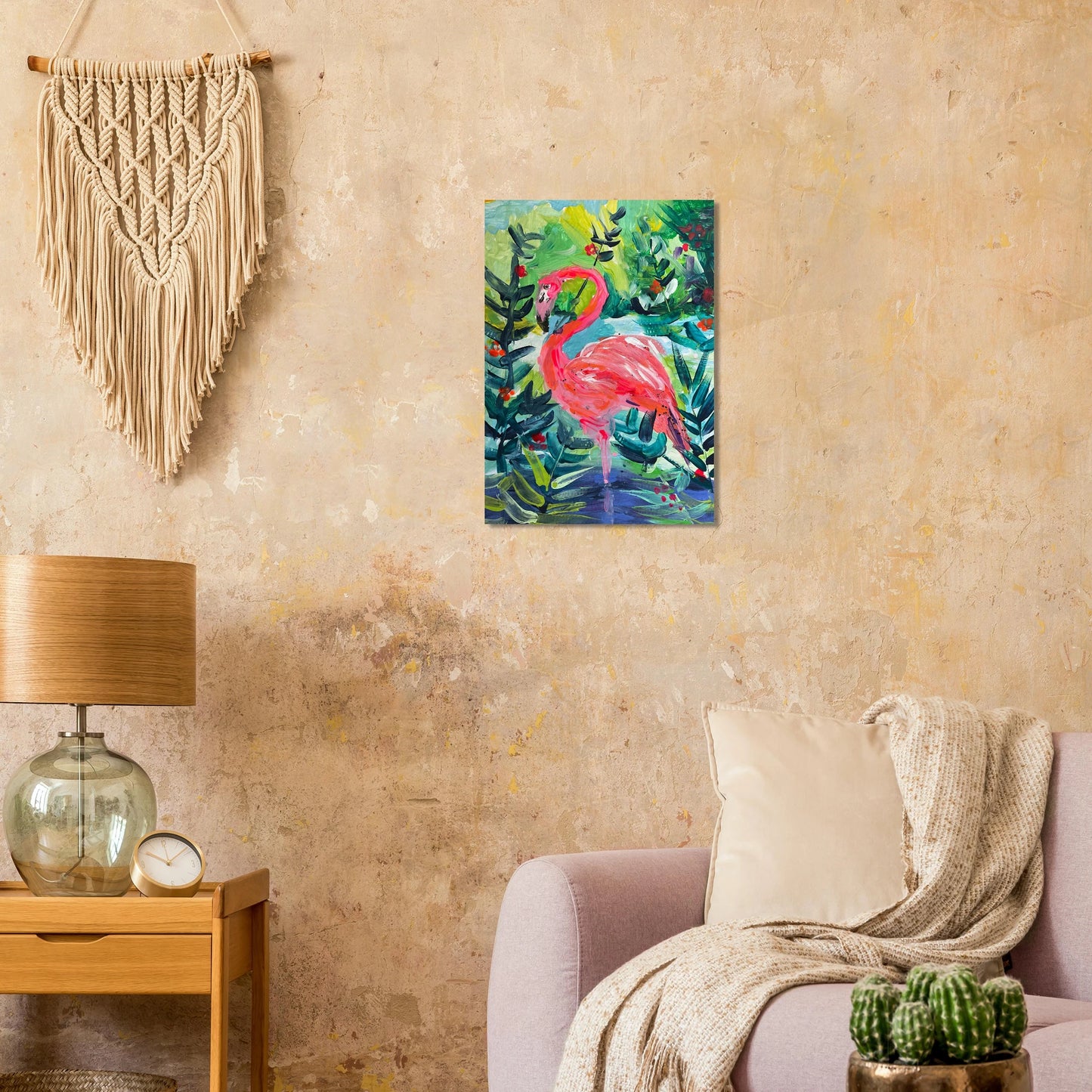 A colourful print of a flamingo painting on a wall in house.