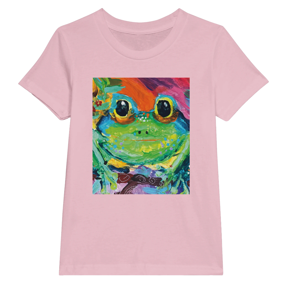 Pink t-shirt with a colorful frog graphic on a white background