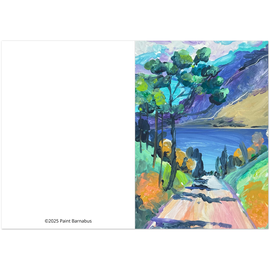 Colorful landscape painting with trees and a path, signed '2025 Paint Barnabas'.
