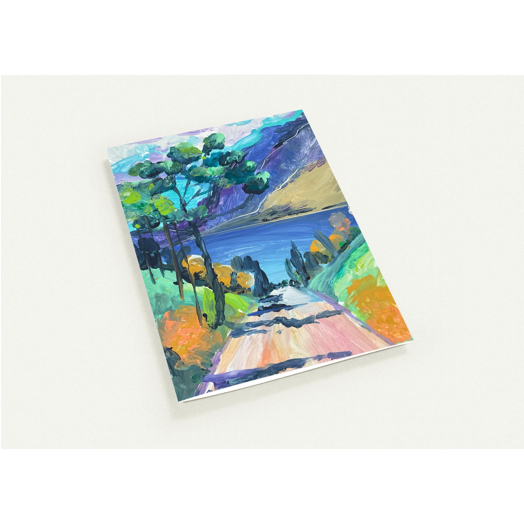 Greeting card with a colourful landscape illustration on a white background
