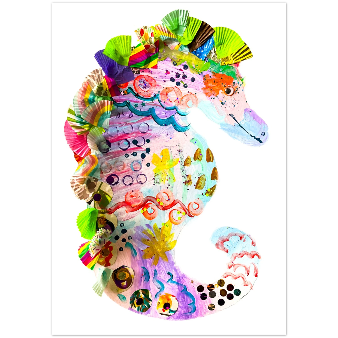 Colorful seahorse-shaped craft on a white background