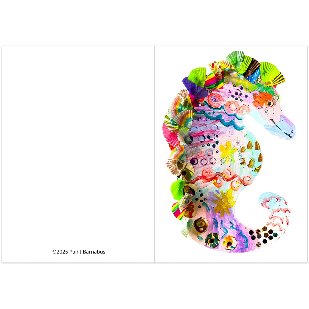 Colorful seahorse illustration with decorative elements on a white background