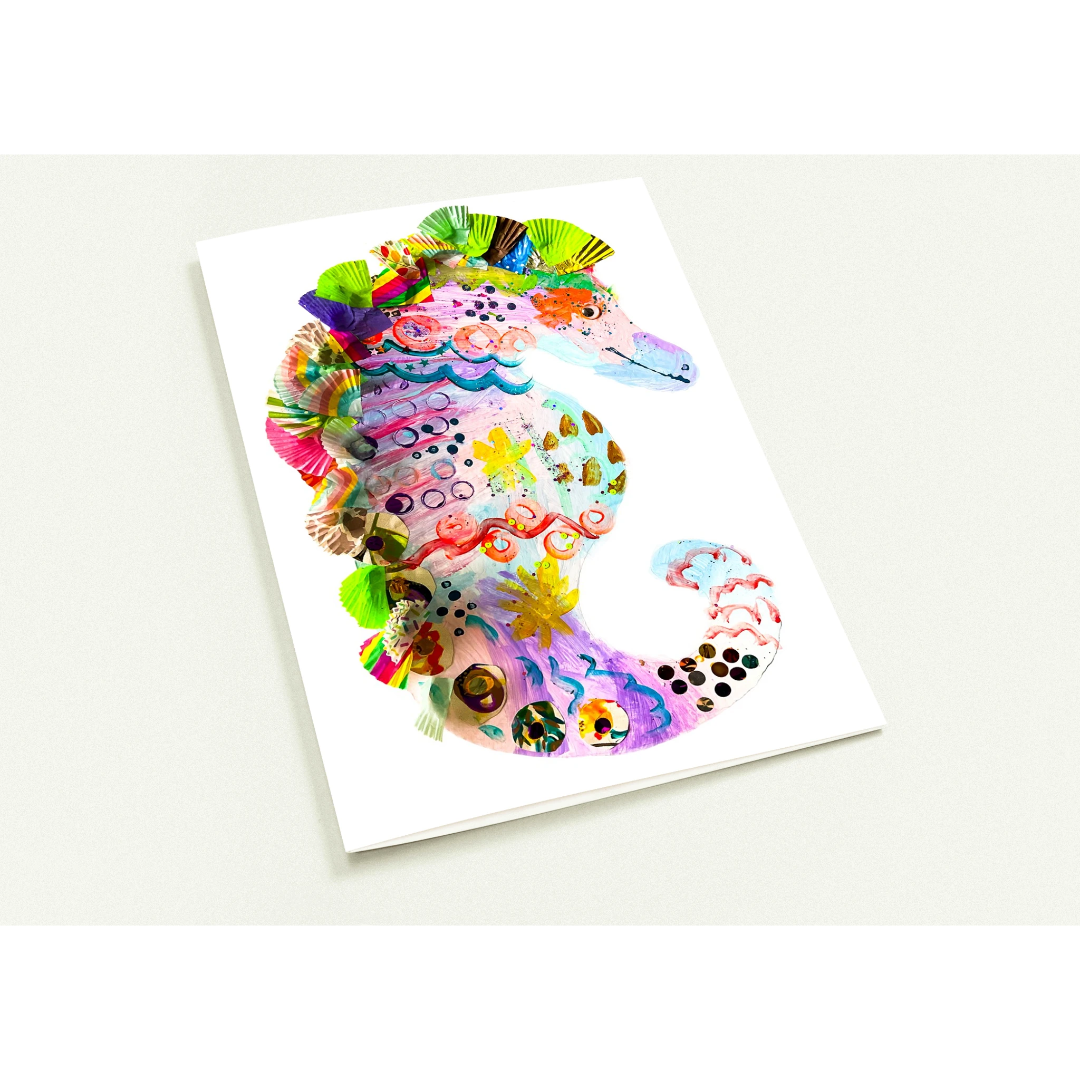 Colorful seahorse illustration on a white card