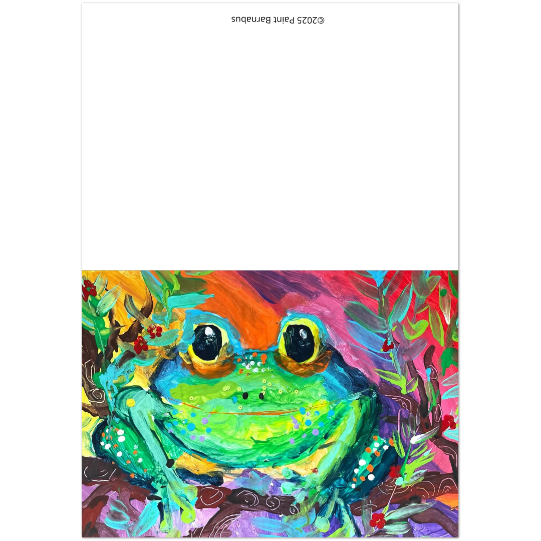 Colourful card with painting of a frog with a vibrant background