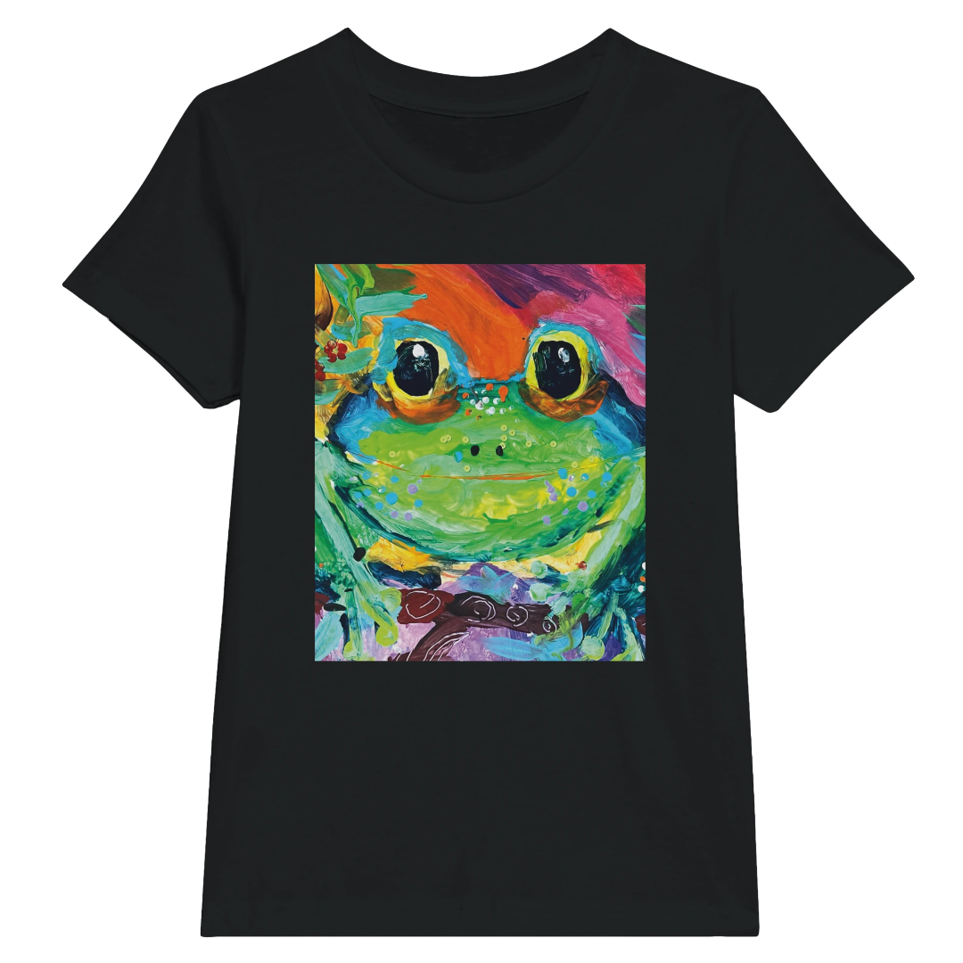Black t-shirt with a colorful frog graphic on a white background