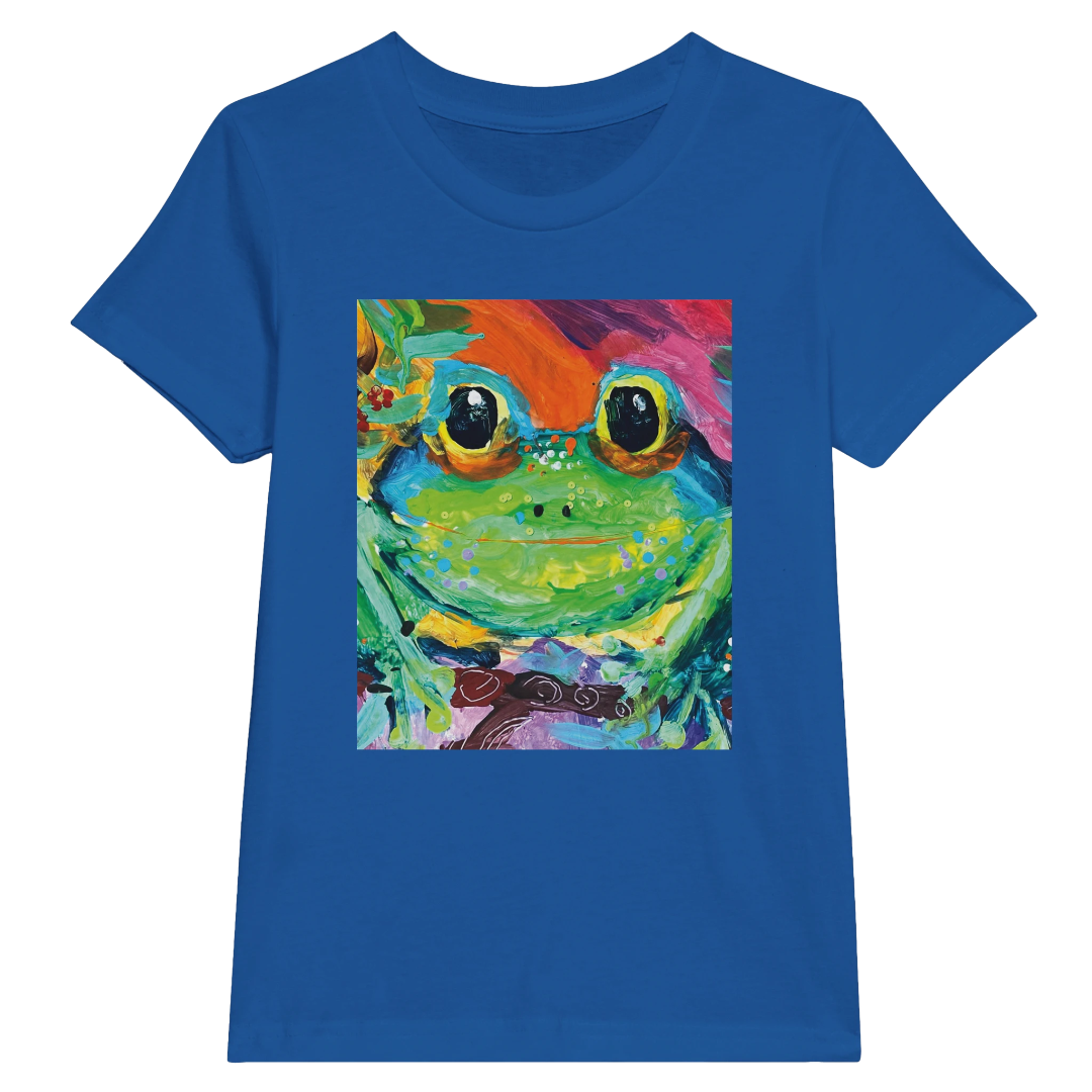 Blue t-shirt with a colorful frog graphic on a white background