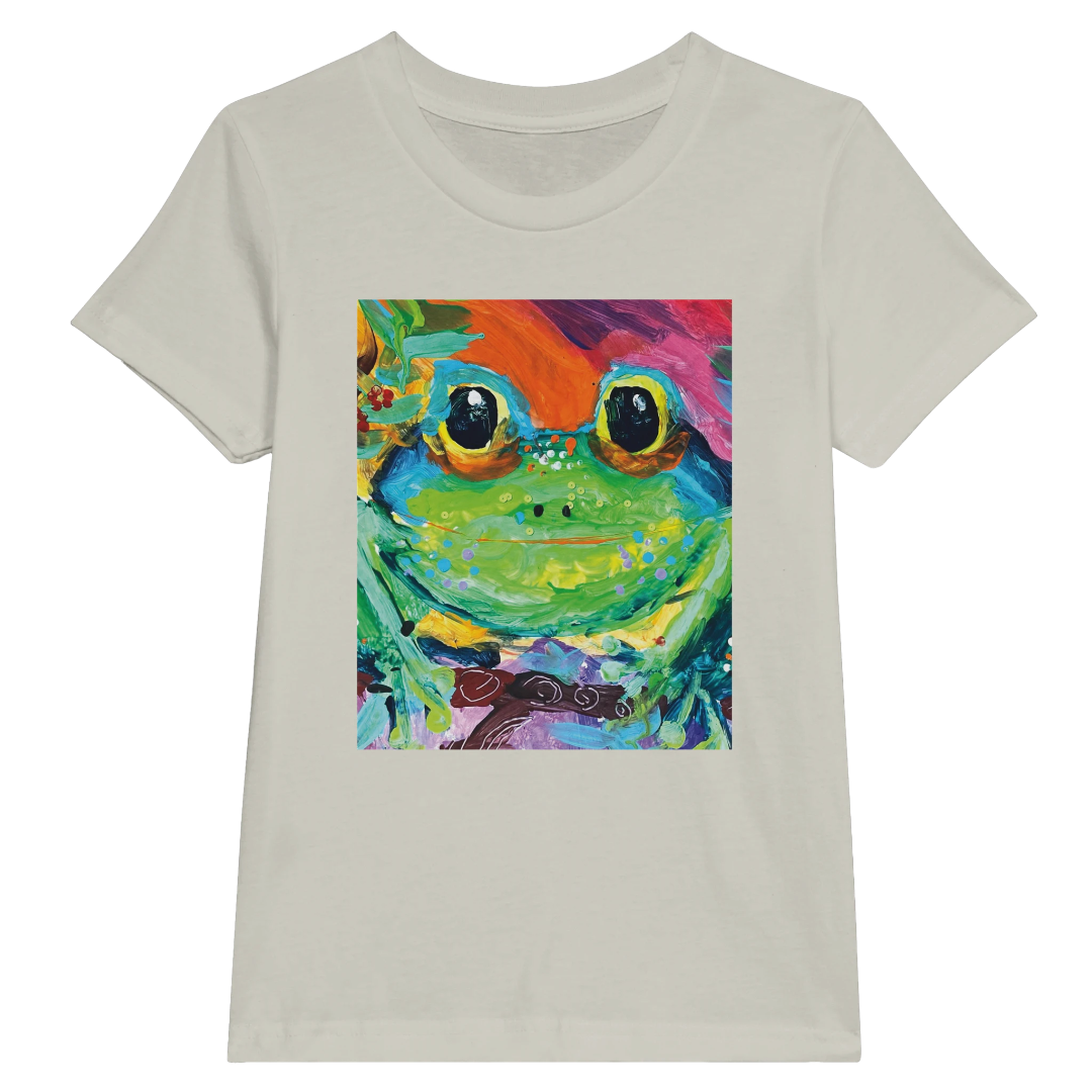 cream shirt with a colourful frog graphic on a white background