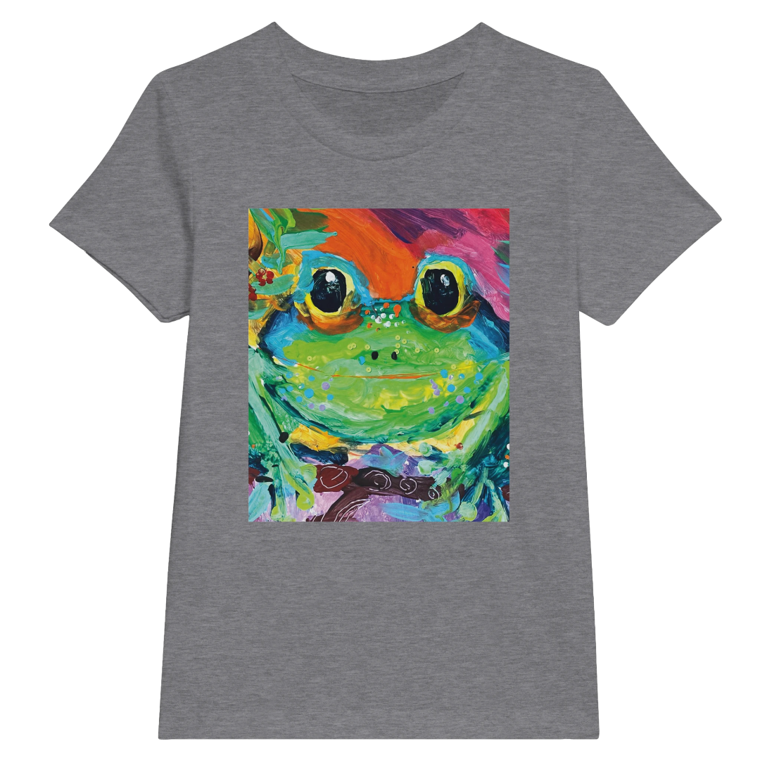 Gray t-shirt with a colorful frog graphic on a white background