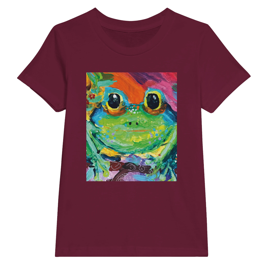 Maroon t-shirt with a colorful frog graphic on a white background