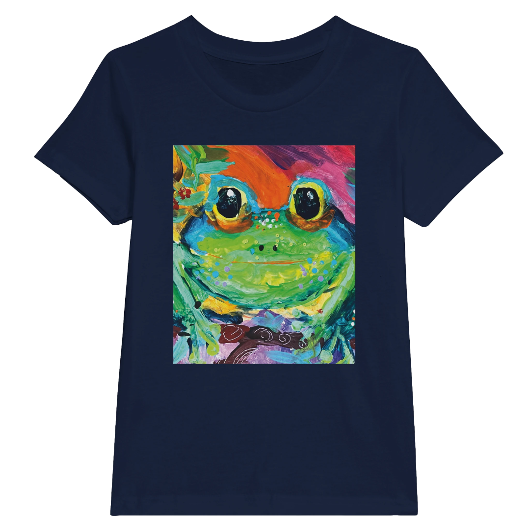 Navy blue t-shirt with a colorful frog graphic on a white background