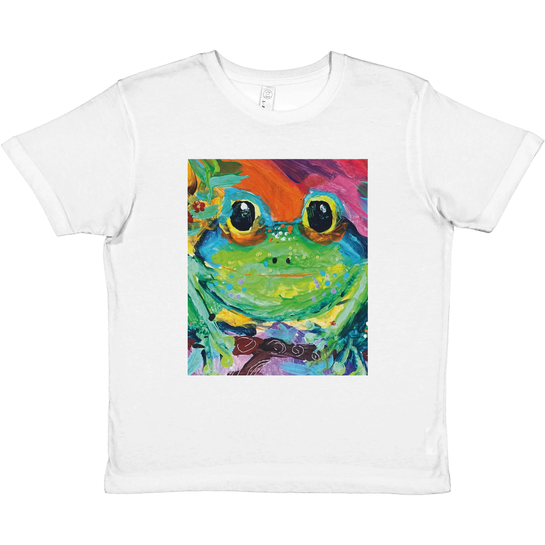 White t-shirt with a colorful frog graphic on a white background