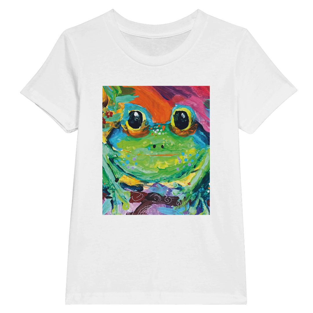 White t-shirt with a colorful frog graphic on a white background