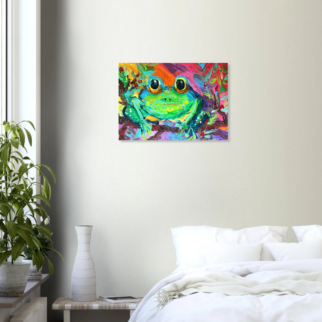 Colorful frog painting on a wall above a bed in a bedroom.