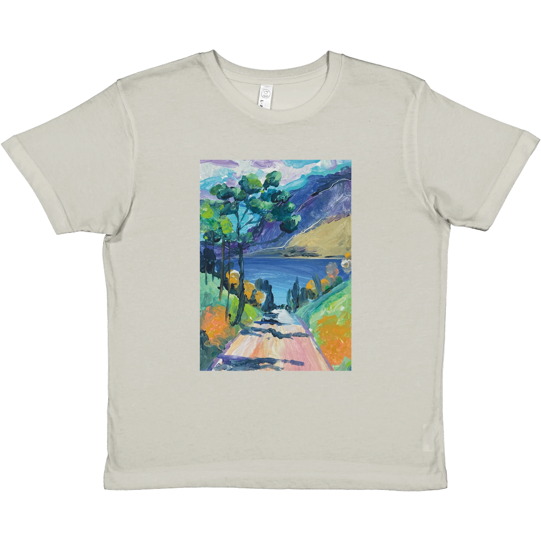 Beige t-shirt with a colorful landscape design on a white background