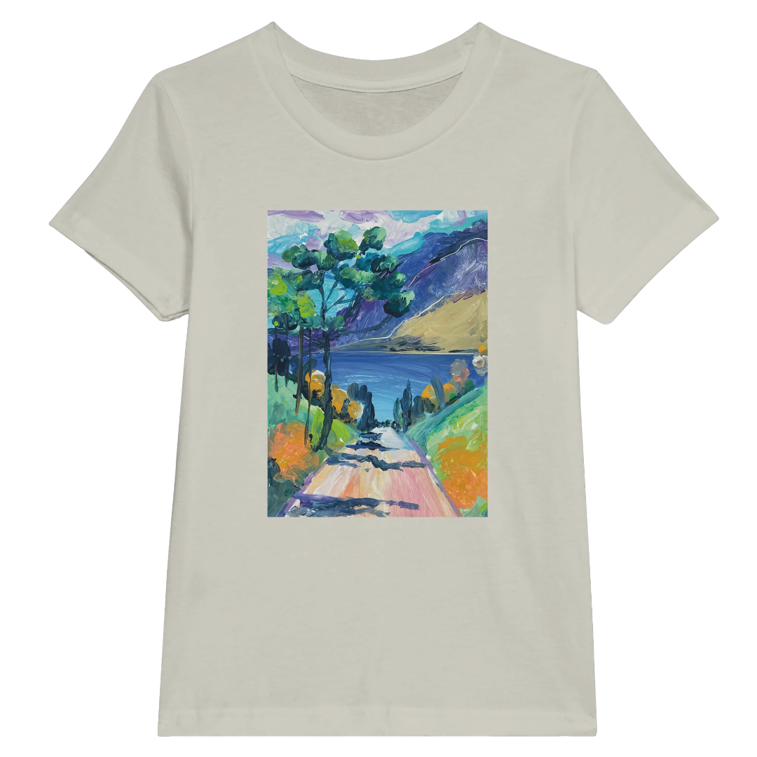 T-shirt with a colorful landscape print on a plain background