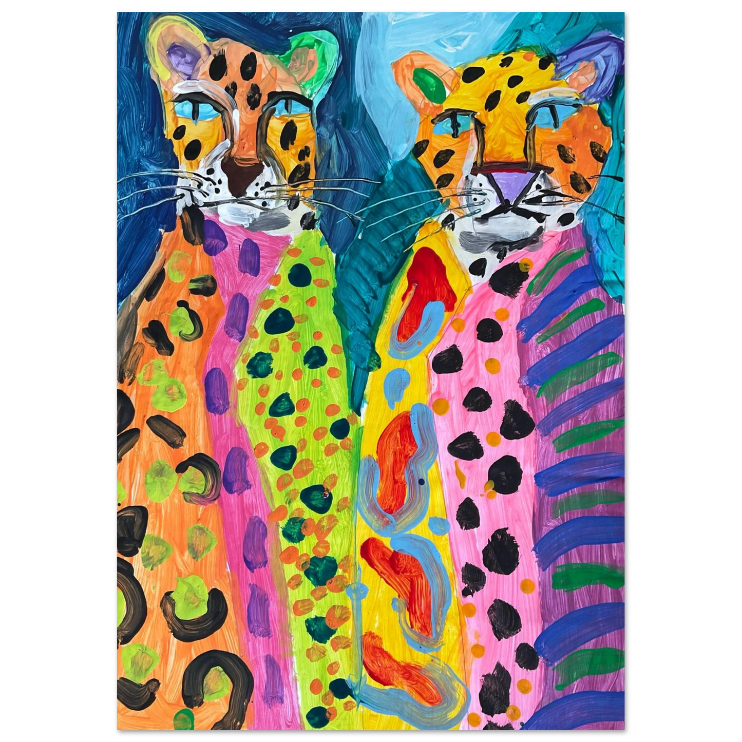 The Leopards art print by Paint Barnabus, bold colourful painting of two leopards by nine-year-old artist Barnaby