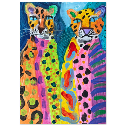 The Leopards art print by Paint Barnabus, bold colourful painting of two leopards by nine-year-old artist Barnaby