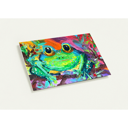 Colorful painting of a frog on a white background