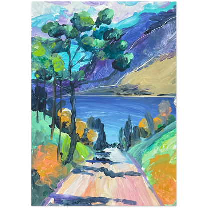 Colorful landscape painting with trees, a road, and mountains.