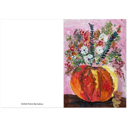 Painting of a pumpkin with flowers on a pink background, signed '2025 Paint Barnabas'.