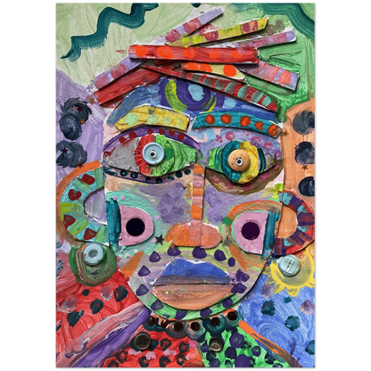 Colorful abstract art piece with a face made of various shapes and patterns.