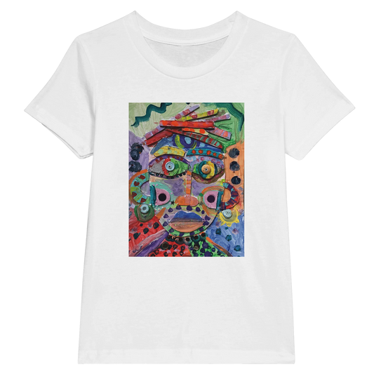 A white t-shirt with a colourful printed design on the front.