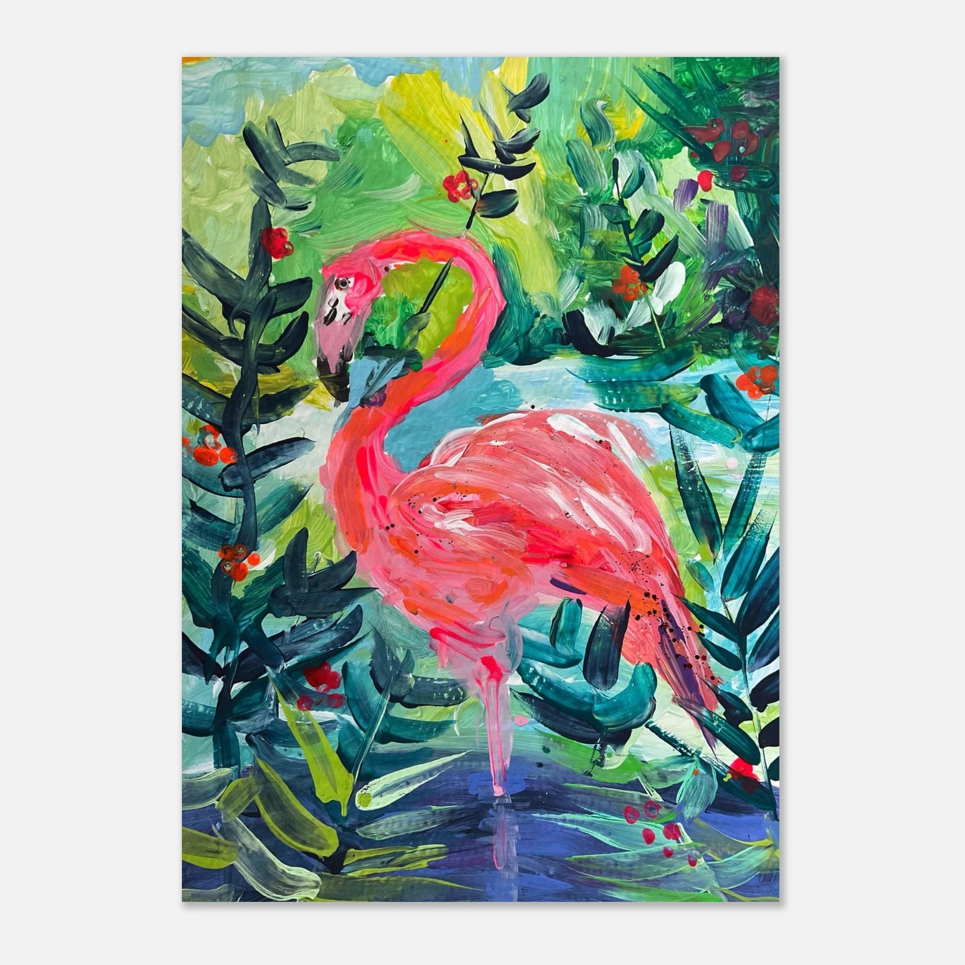 A colourful print of a flamingo painting