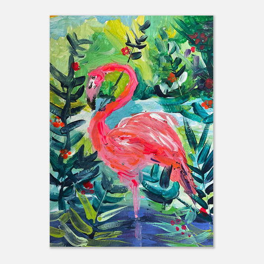 A colourful print of a flamingo painting