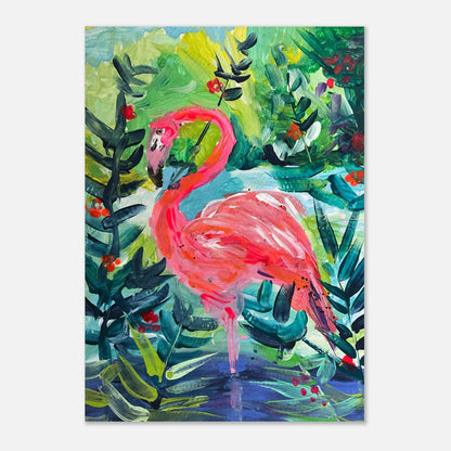 A colourful print of a flamingo painting