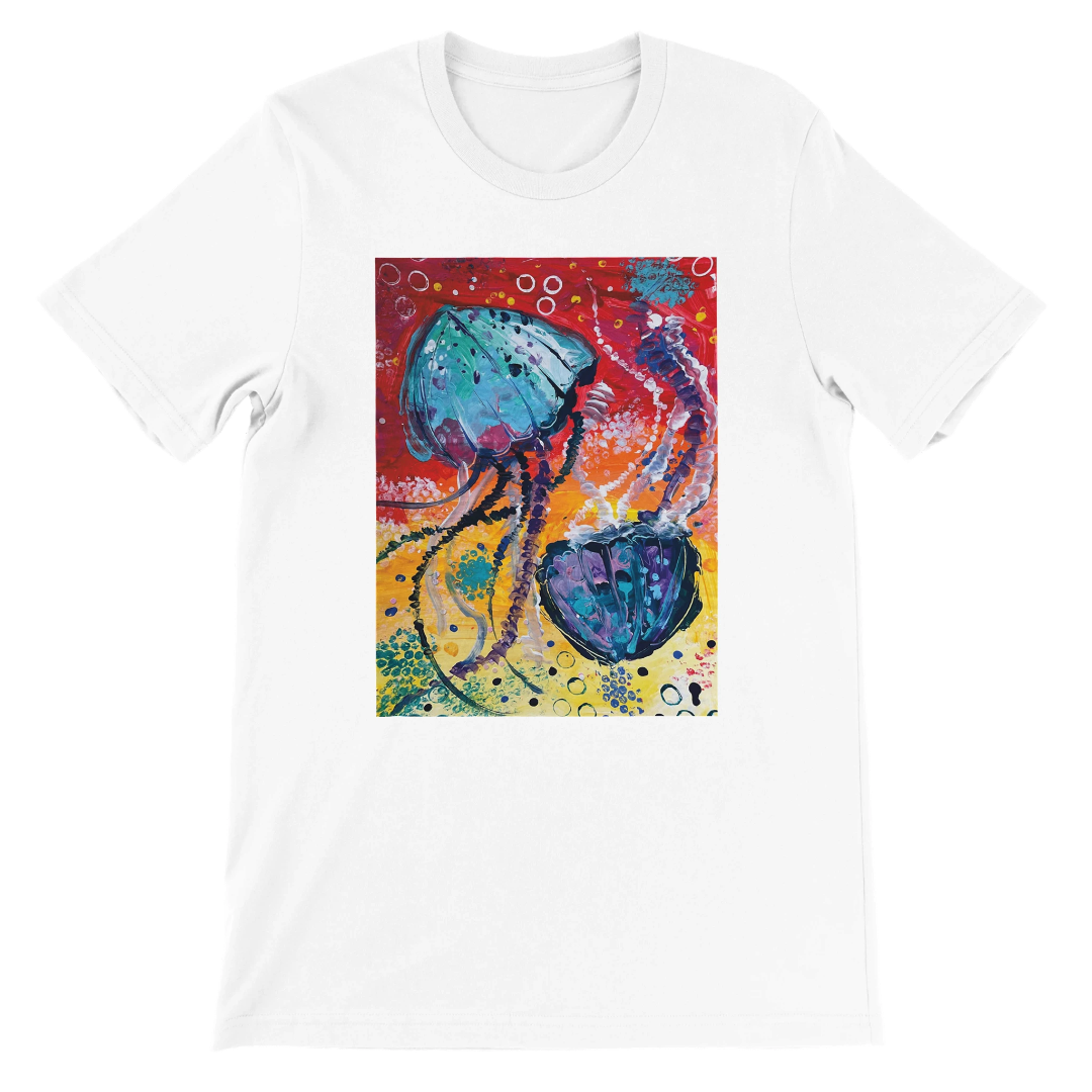 White t-shirt with a colorful jellyfish design on a white background