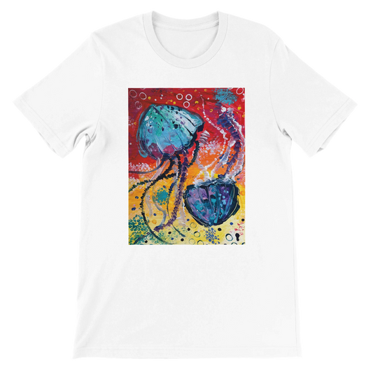 White t-shirt with a colorful jellyfish design on a white background