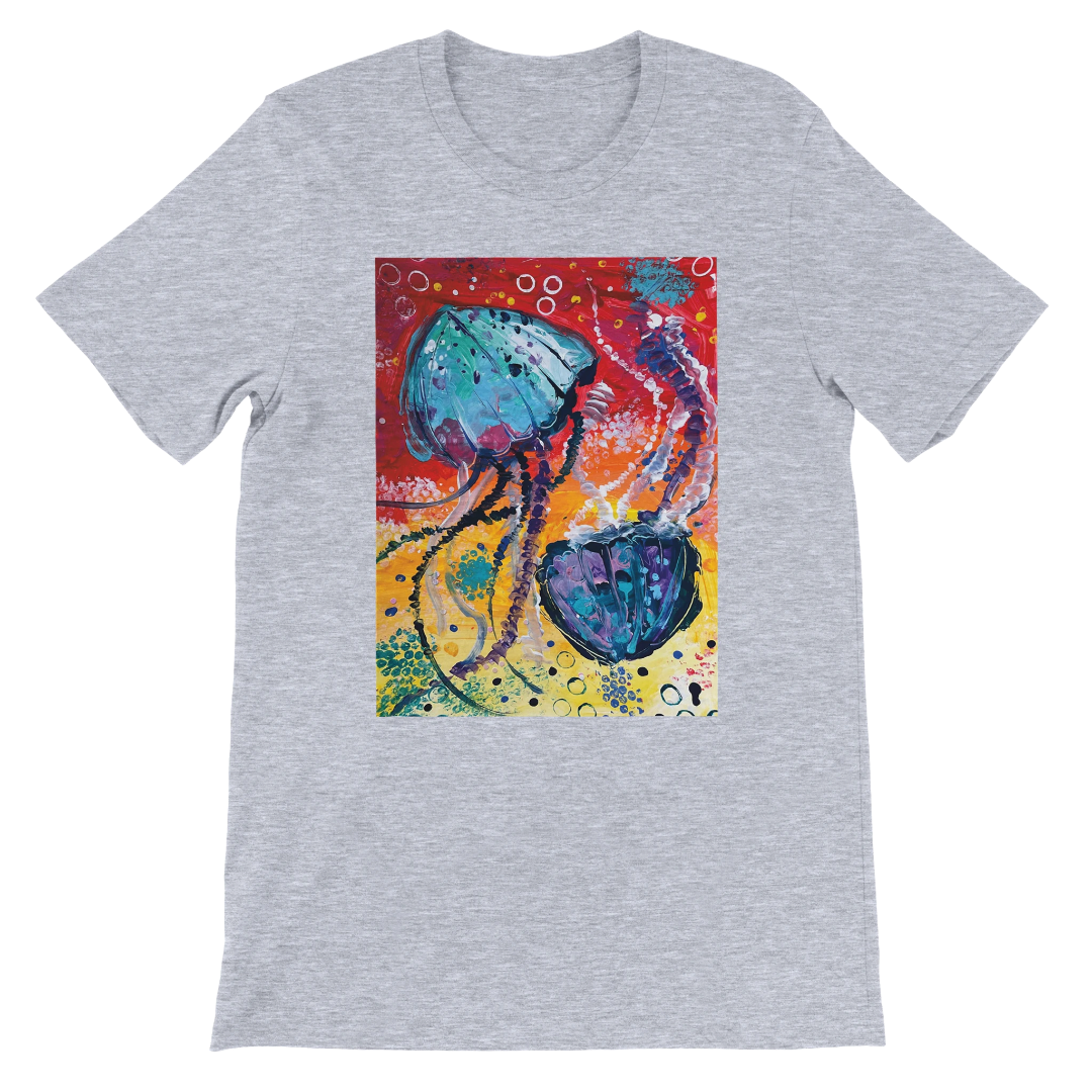 Gray t-shirt with a colorful jellyfish design on a white background