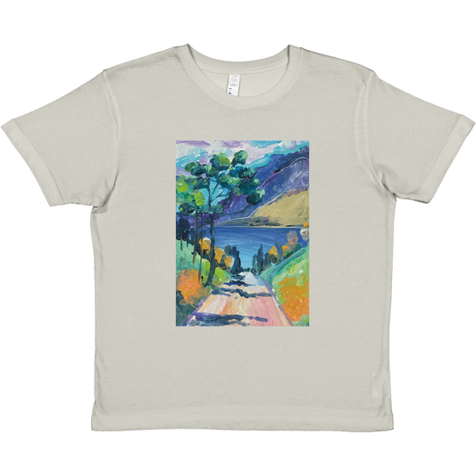 Beige t-shirt with a colorful landscape design on a white background