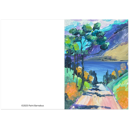 Colorful landscape painting with trees and a path, signed '2025 Paint Barnabas'.