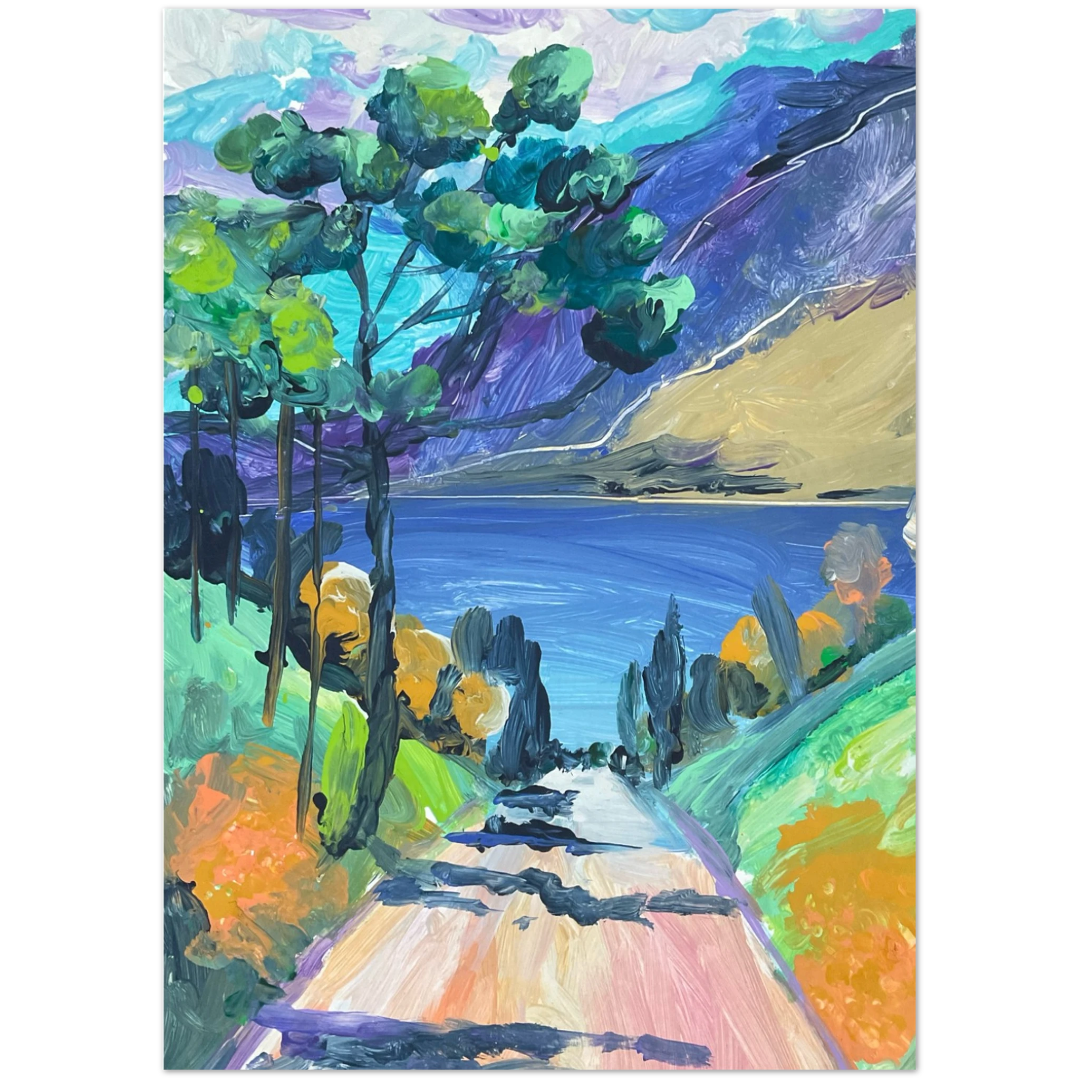 Colorful landscape painting with trees, a road, and mountains.