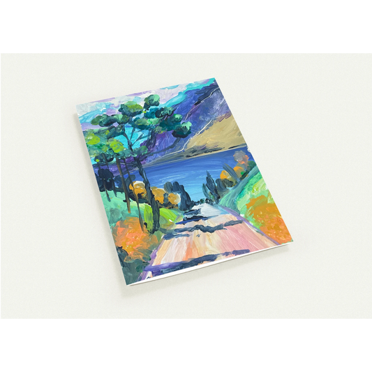 Greeting card with a colourful landscape illustration on a white background