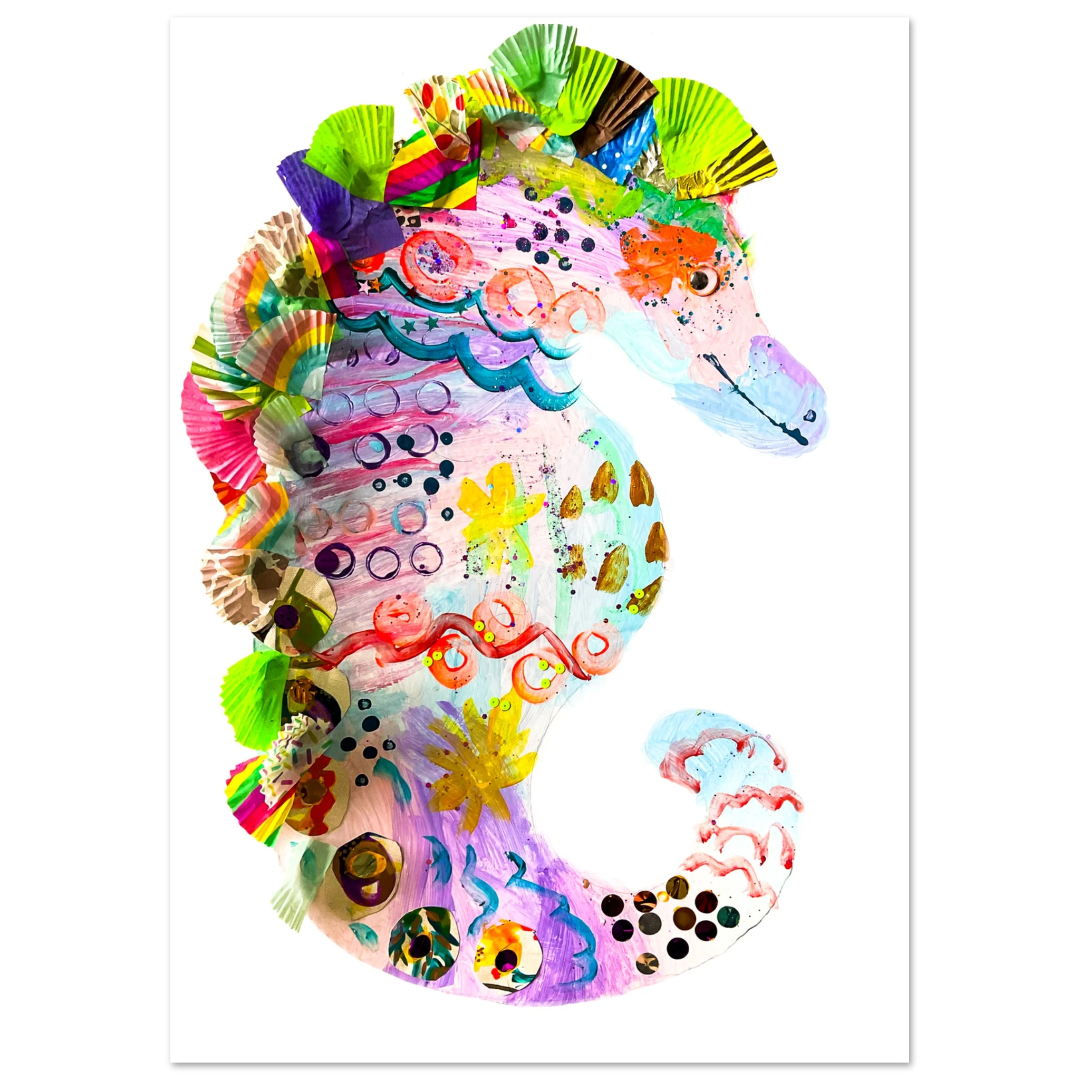 Colorful seahorse-shaped craft on a white background
