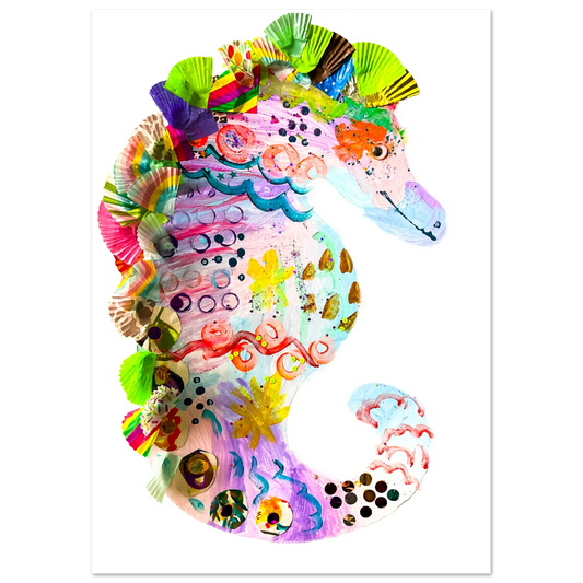 Colorful seahorse-shaped craft on a white background