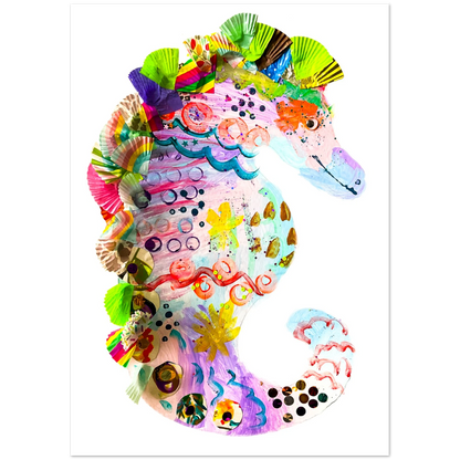 Colorful seahorse-shaped craft on a white background