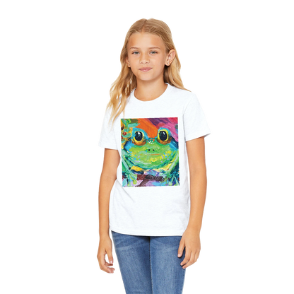 Young girl wearing a white t-shirt with a colorful frog graphic on a white background